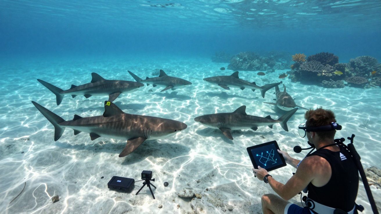 Mergulhador usando tablet monitora tubarões-tigre em águas claras próximas a corais.