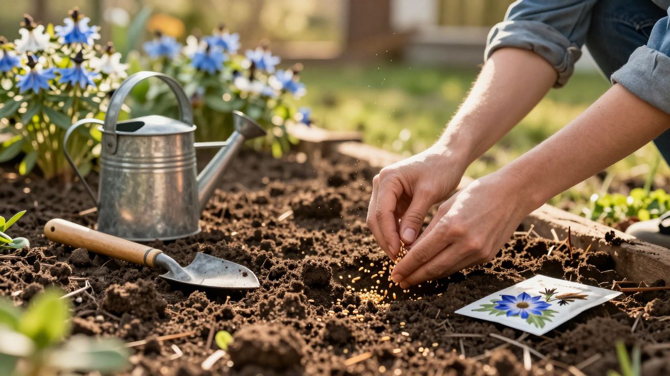 Mãos semeando sementes no solo de jardim com regador, pá e flores azuis ao fundo.