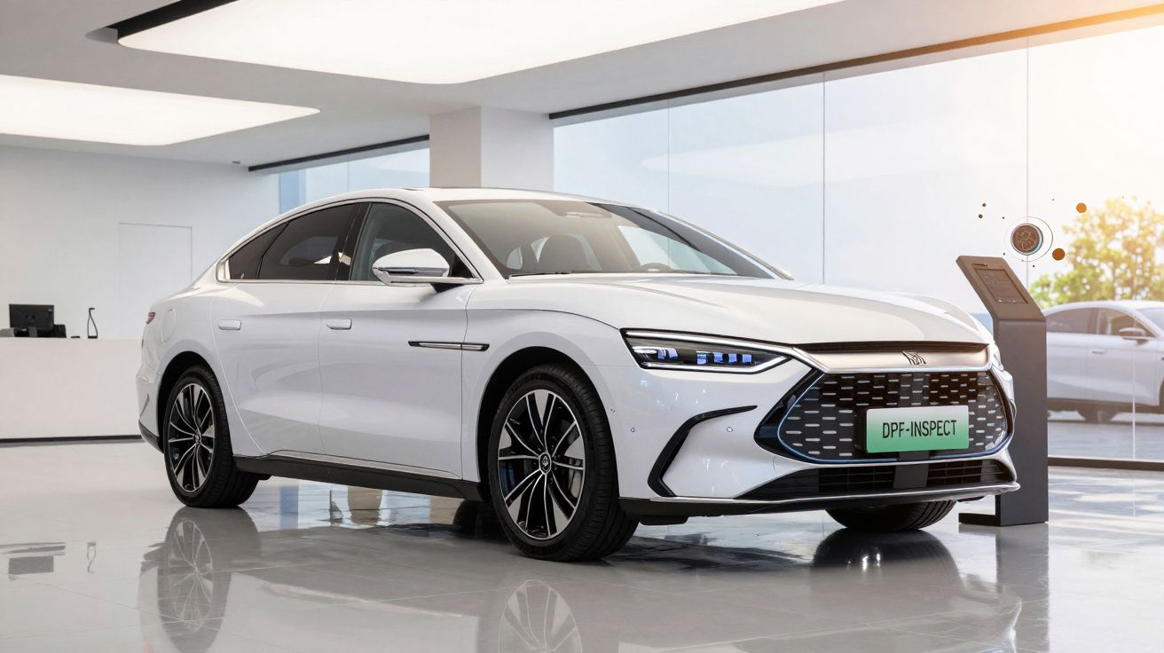 Carro elétrico branco estacionado em showroom moderno com piso refletivo e iluminação natural.