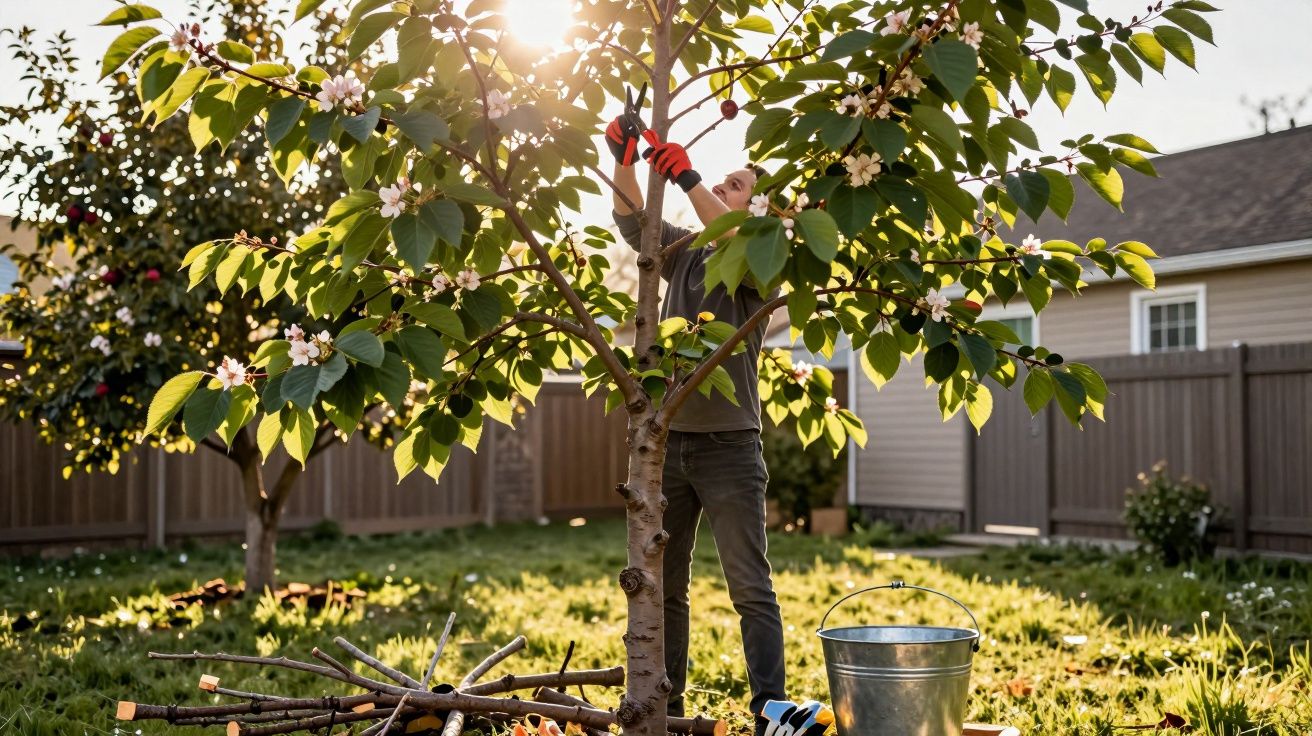 Pessoa podando árvore em jardim ensolarado com podões e balde metálico próximo.