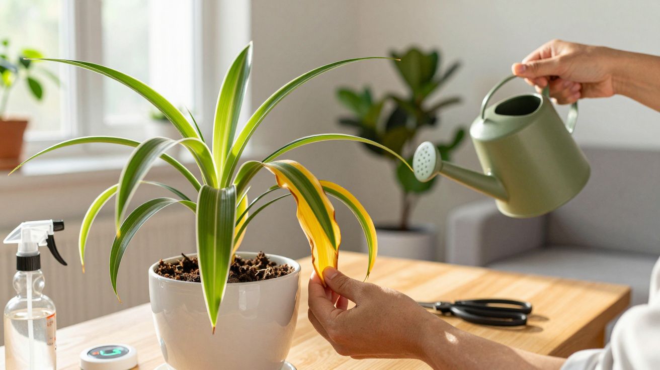 Pessoa regando planta em vaso branco com folhas verdes e amareladas sobre mesa de madeira.