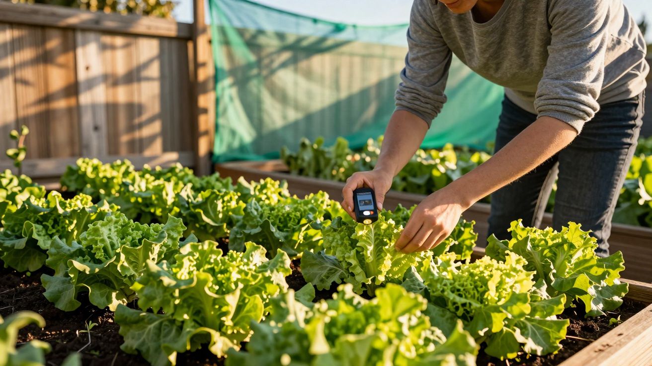 Pessoa usando medidor digital para analisar alface em canteiro de horta ao ar livre.