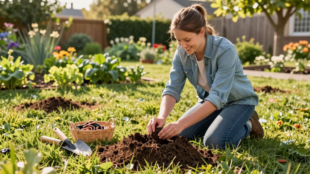 Mulher sorridente plantando mudas em jardim ensolarado com ferramentas e cesta ao lado.