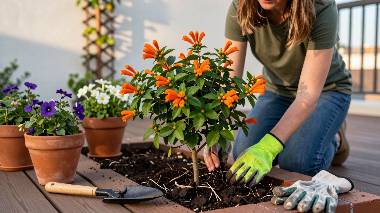 Mulher plantando arbusto com flores laranja em jardim urbano, ao lado de vasos com flores variadas.