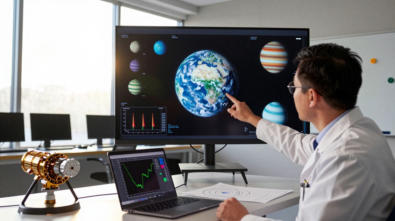 Cientista aponta para a Terra em tela com sistema solar em escritório moderno e equipamentos tecnológicos.