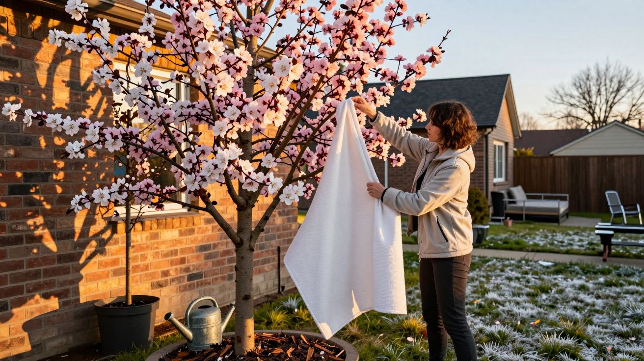 Pessoa cobrindo árvore florida com cobertor branco no quintal de casa ao entardecer.