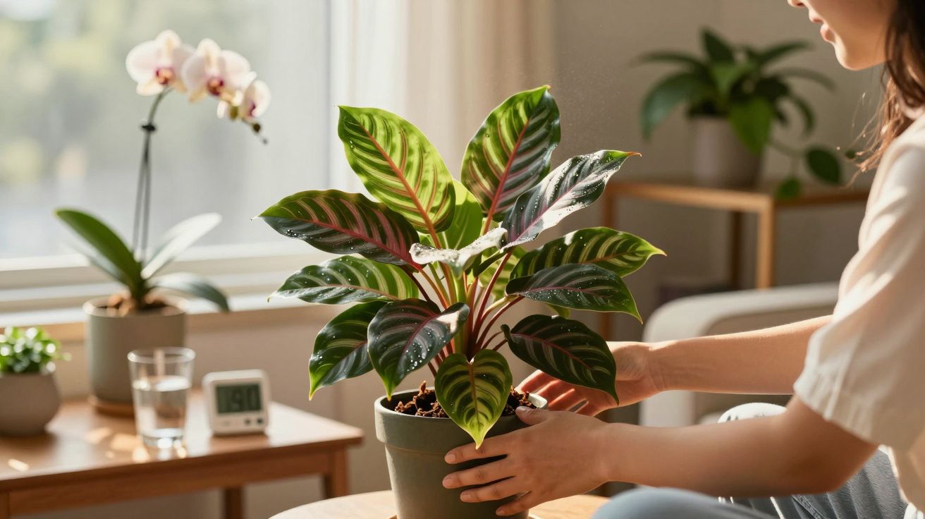 Pessoa cuidando de planta em vaso dentro de casa, com luminária natural e outras plantas ao fundo.