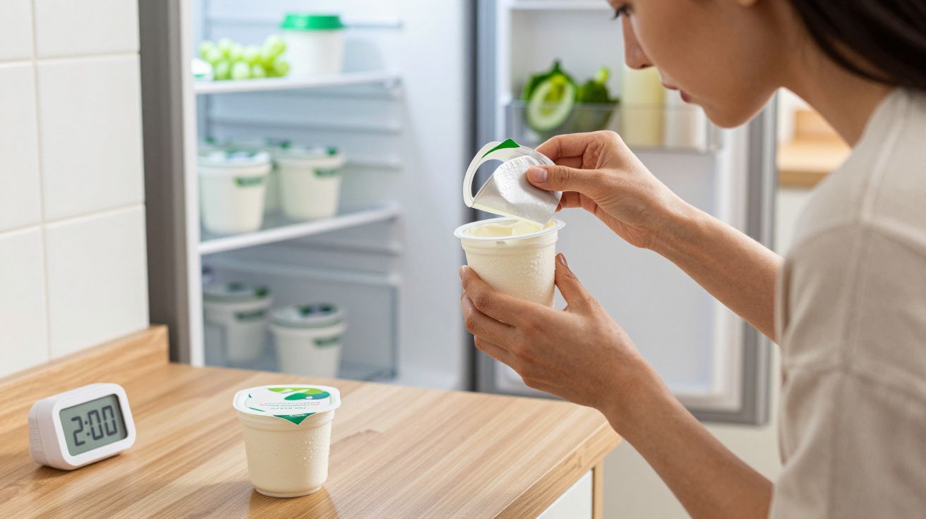 Pessoa abrindo pote de iogurte com geladeira aberta ao fundo em cozinha iluminada.