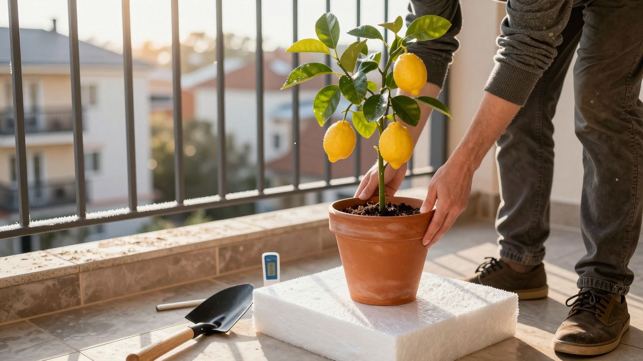 Pessoa ajustando vaso com planta de limão na varanda de apartamento ao pôr do sol.