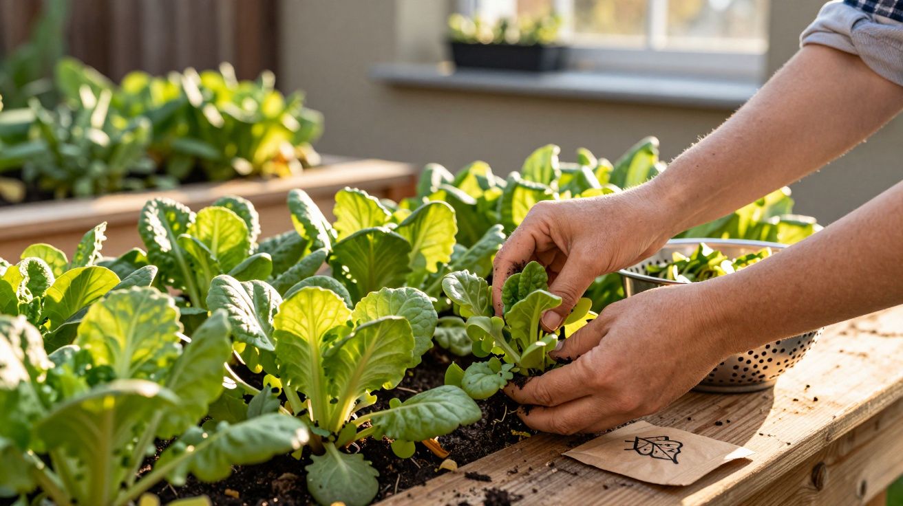 Pessoa colhendo folhas verdes frescas em horta urbana com caixa de madeira iluminada pelo sol.