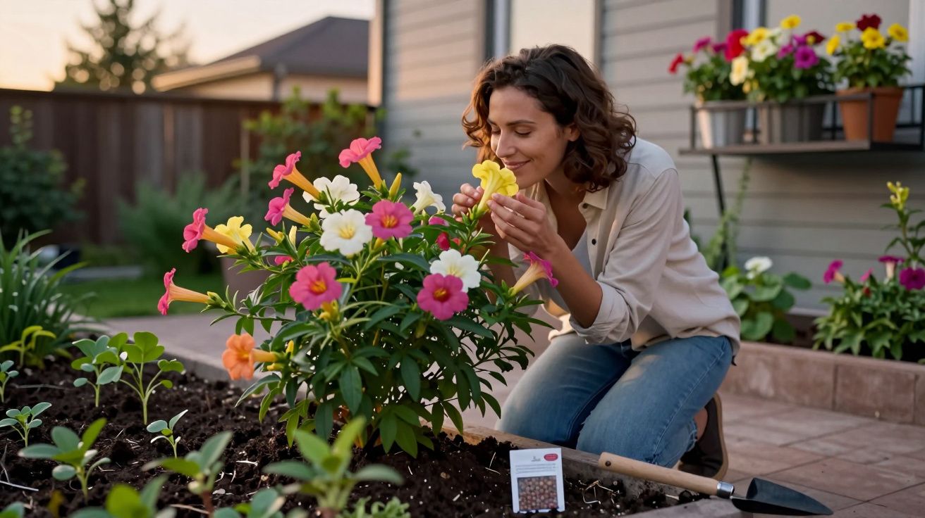 Mulher cuidando e cheirando flores coloridas em jardim ao pôr do sol em área externa de casa.