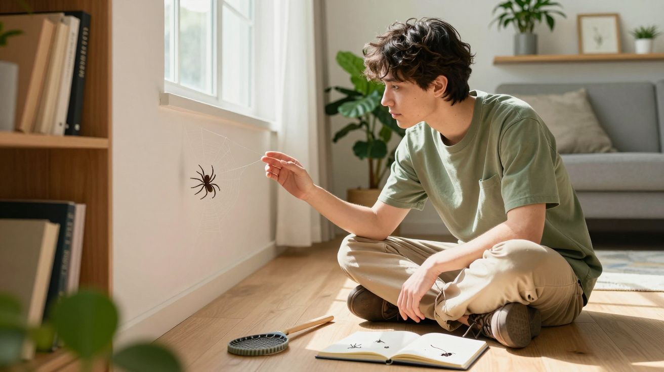 Jovem sentado no chão observa uma aranha na teia próxima à janela, com livro aberto ao lado.