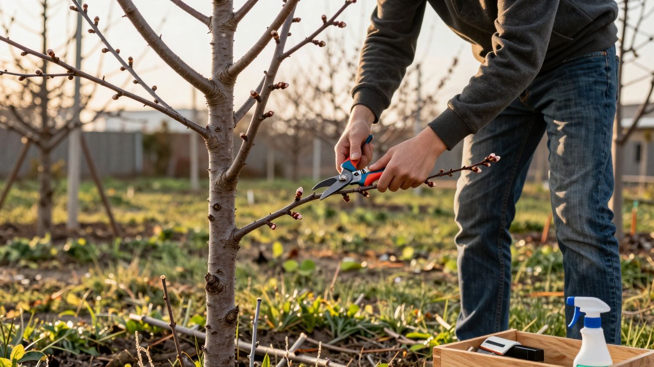 Pessoa podando galho de árvore jovem com tesoura de poda em jardim ao pôr do sol.