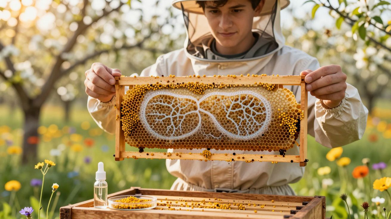 Apicultor jovem segurando quadro de mel com colmeia em campo florido durante o dia.