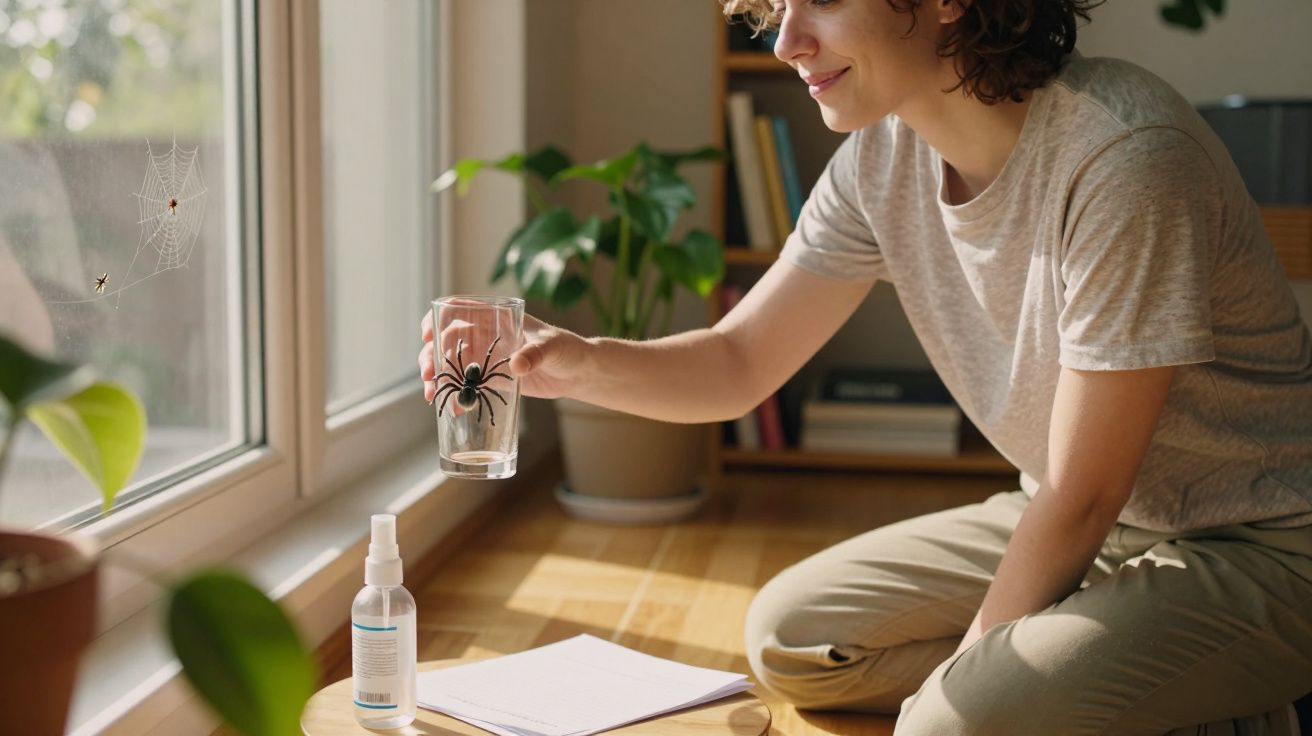Pessoa segurando copo com aranha de brinquedo próximo a teia de aranha na janela, em ambiente interno iluminado.