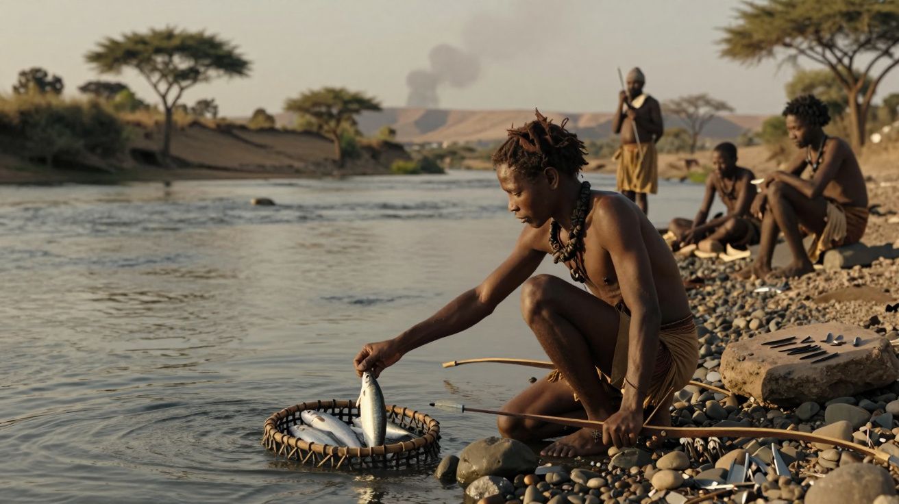 Jovem indígena coleta peixes em cesto na margem de rio, enquanto outros ao fundo observam em cenário natural.
