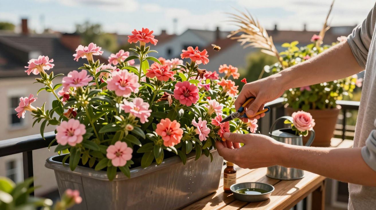 Pessoa podando flores cor-de-rosa e laranja em vaso na sacada ensolarada de casa.