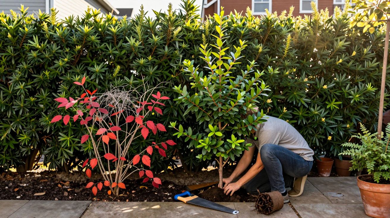 Pessoa plantando muda de árvore em jardim com vegetação densa e folhagem vermelha ao lado.