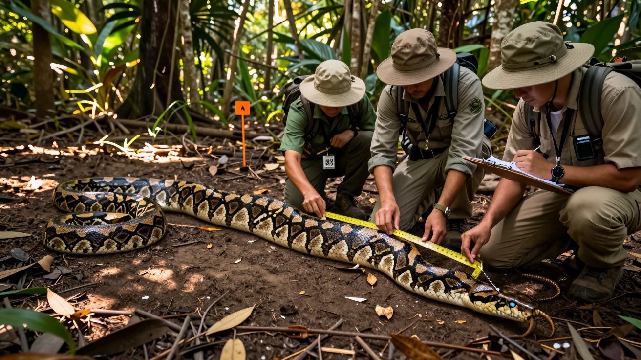 Três pesquisadores medem uma jiboia no chão da floresta com fita métrica e anotam dados em prancheta.