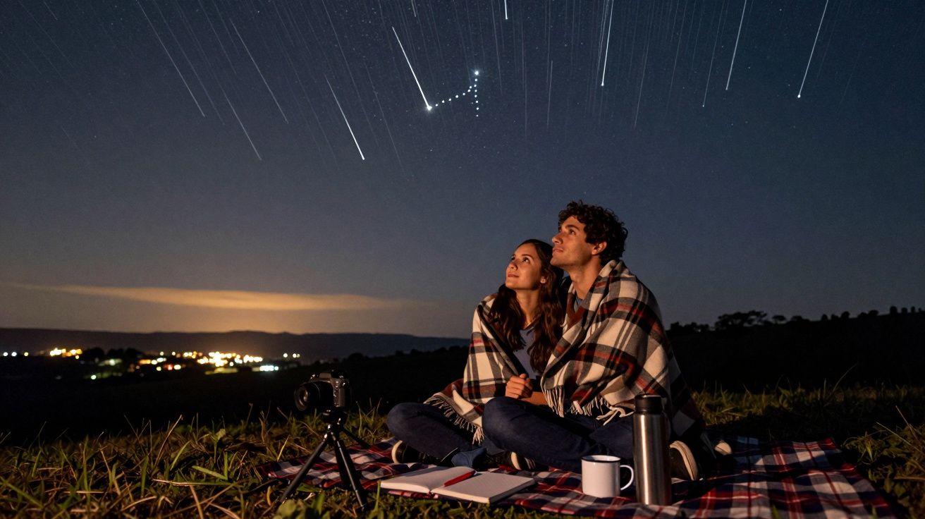 Casal sentado em cobertor sob céu estrelado com rastros de estrelas cadentes, apreciando a noite ao ar livre.