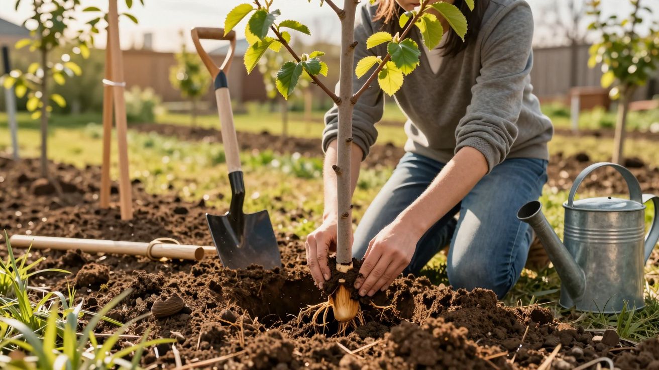 Pessoa plantando uma muda de árvore no solo, com pá e regador ao lado em área externa.