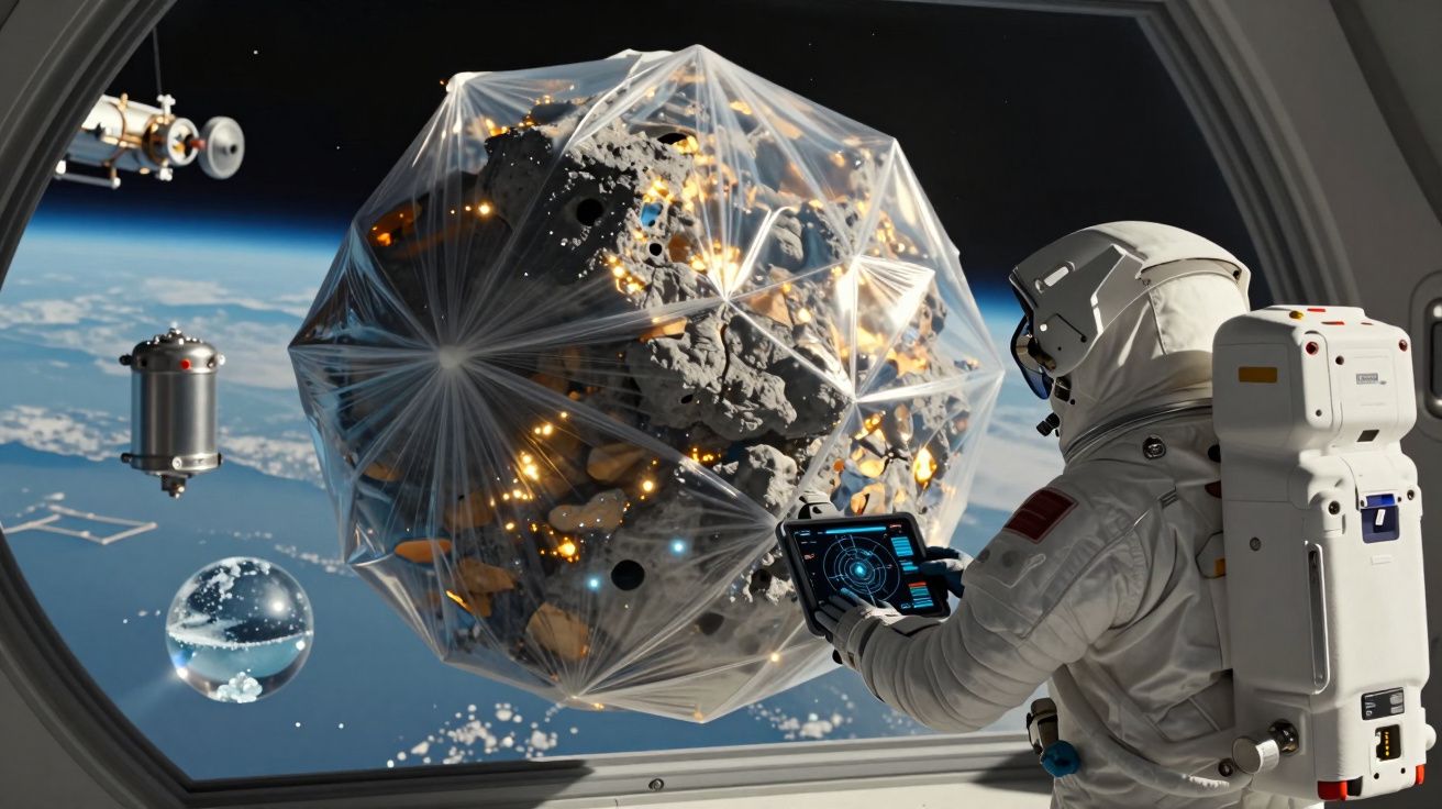 Astronauta observa monitores enquanto estuda asteroide coberto por escudo transparente no espaço.