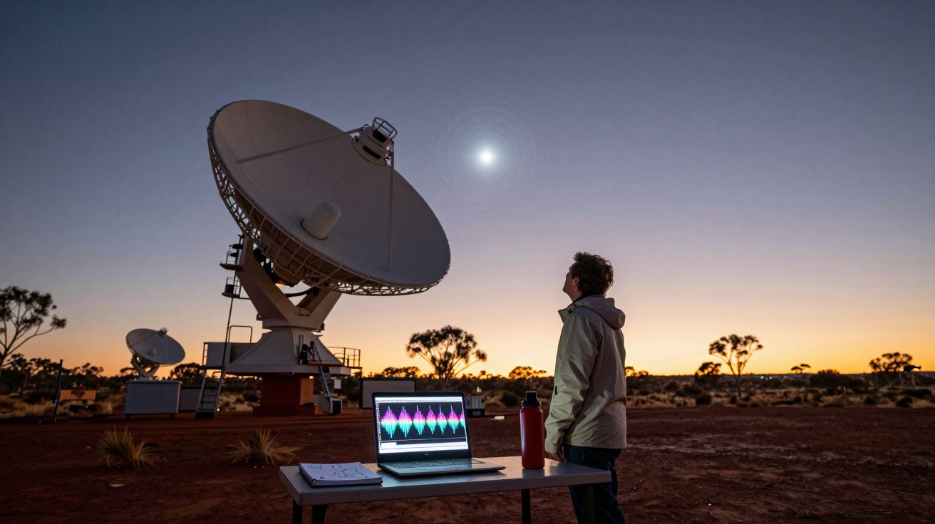 Pessoa observa antena parabólica gigante ao entardecer em área aberta com notebook em mesa.