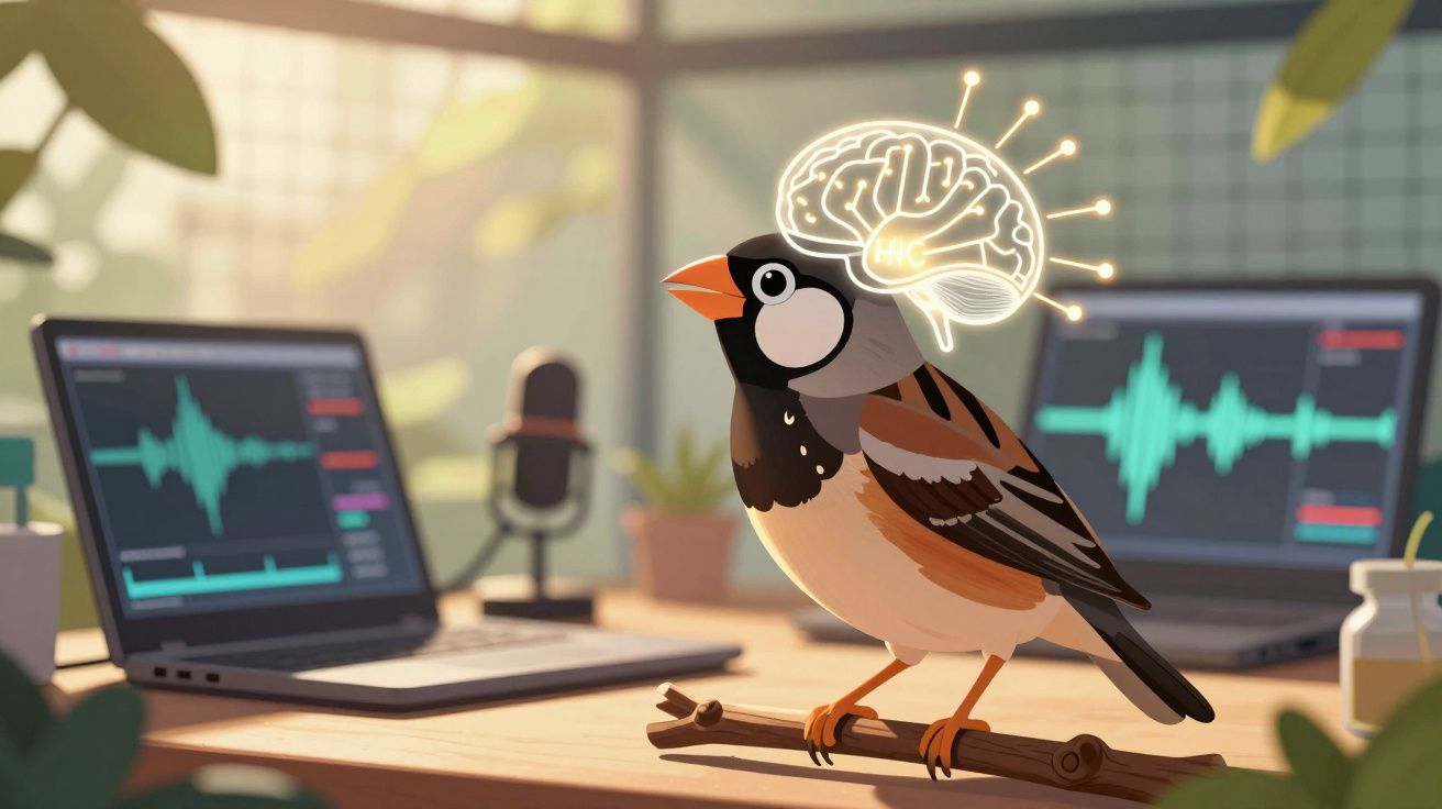 Pássaro em galho com ilustração de cérebro brilhante em ambiente com laptops e microfone.