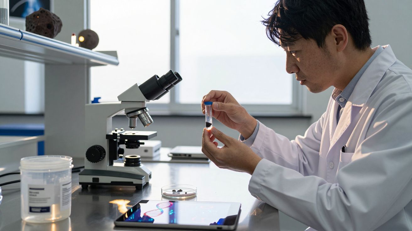 Homem de jaleco branco analisando tubo de ensaio em laboratório com microscópio e tablet na mesa.