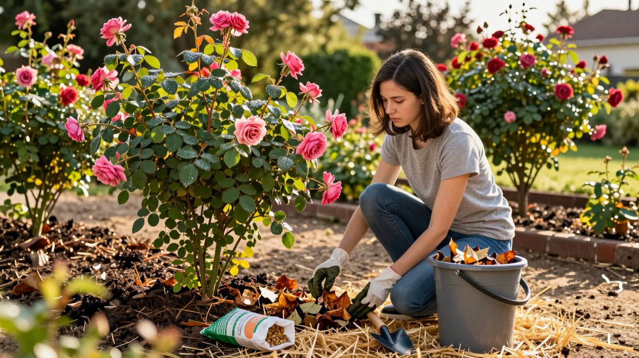 Mulher cuidando de rosas em jardim, recolhendo folhas secas com balde e luvas brancas.