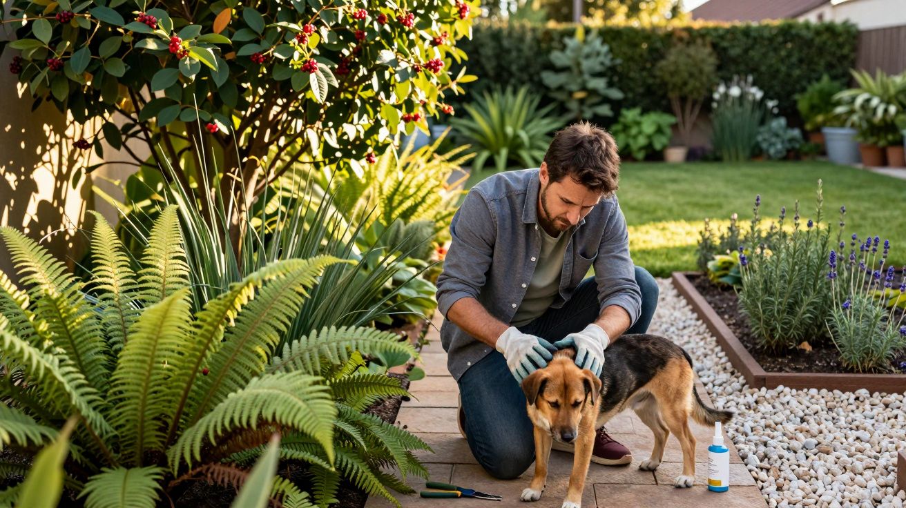 Homem cuidando de cachorro em jardim com plantas e flores em ambiente residencial ao ar livre.