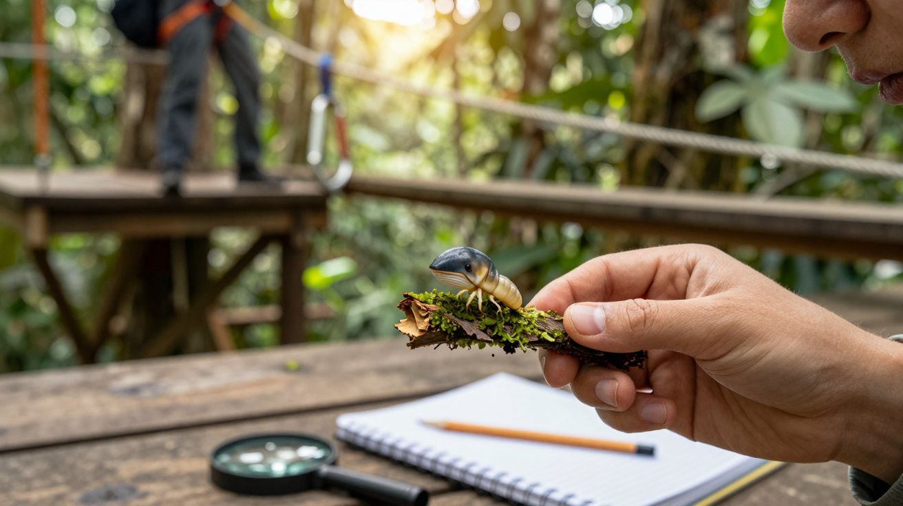 Pessoa segurando pedaço de madeira com inseto grande em área de pesquisa ao ar livre.