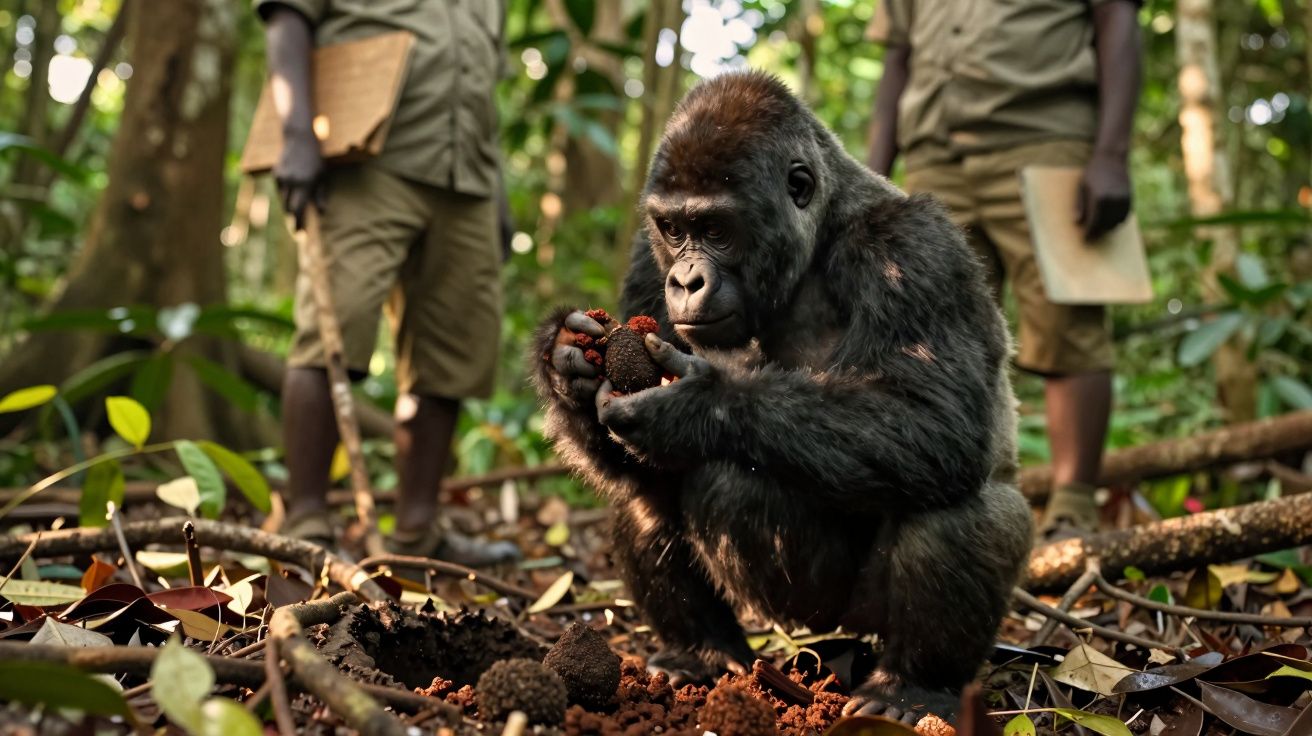 Gorila jovem examinando frutas no chão da floresta, com duas pessoas ao fundo observando em atitude calma.
