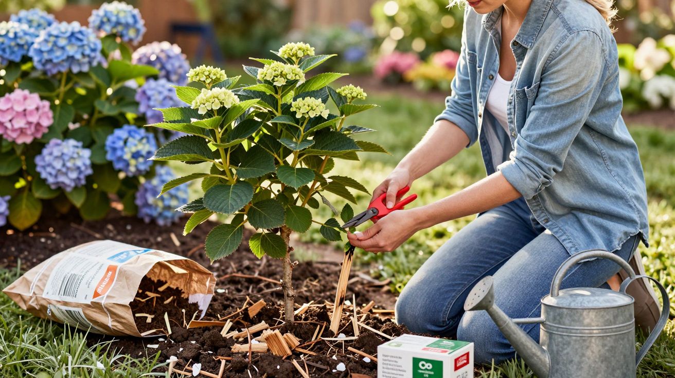 Pessoa podando planta com tesoura de jardinagem em jardim, vasos de flores e regador ao lado.