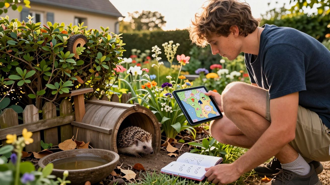 Jovem observa ouriço em jardim florido enquanto segura tablet com mapa e caderno ao chão.