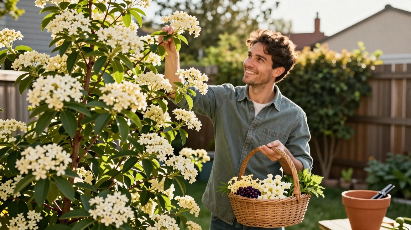 Homem sorridente colhendo flores brancas em arbusto no jardim com cesta cheia de flores.