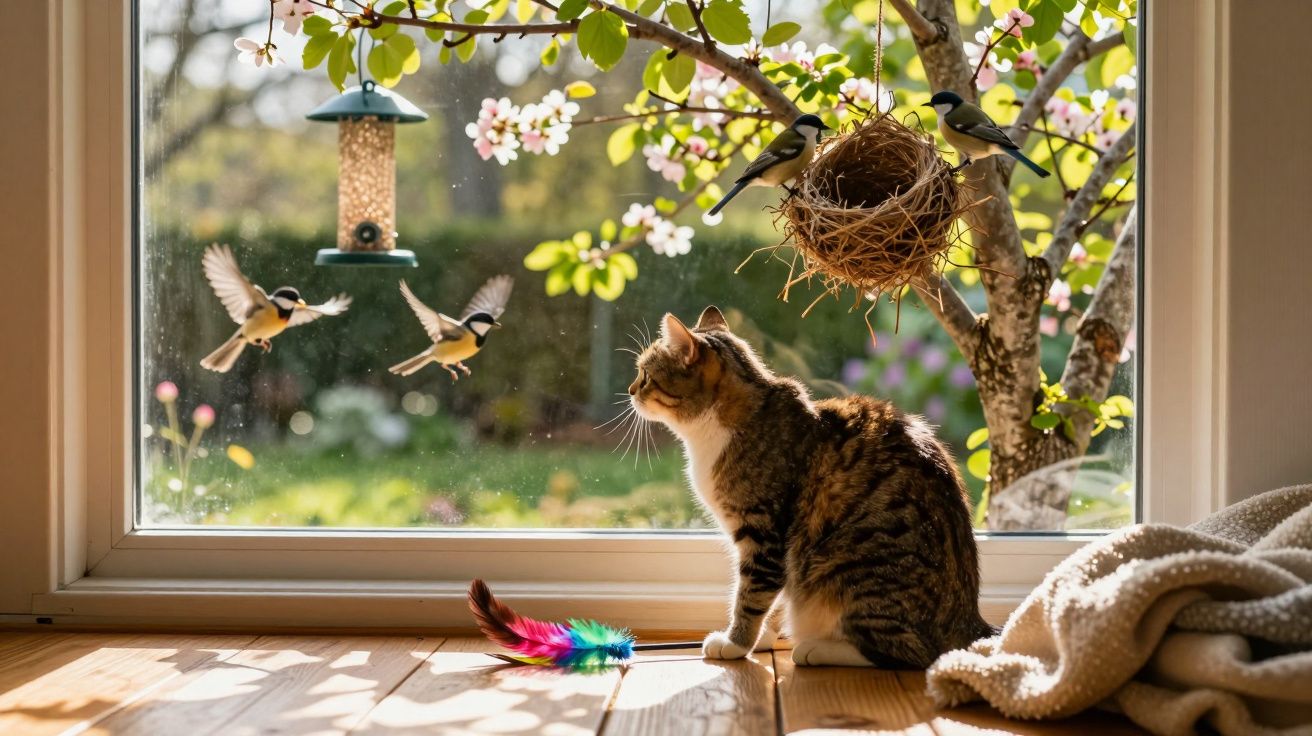 Gato olhando pássaros voando perto de comedouro e ninho em árvore florida ao lado da janela.