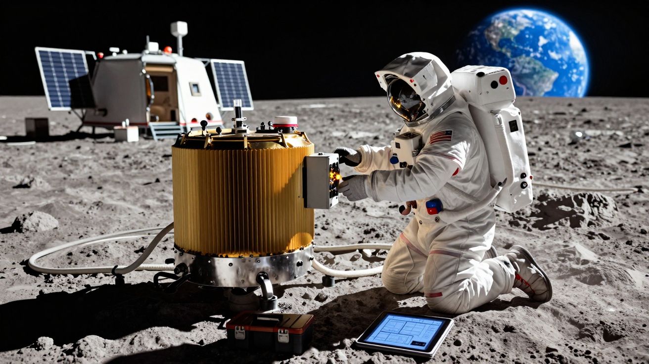 Astronauta em traje espacial operando equipamento amarelo na superfície da lua com a Terra ao fundo.