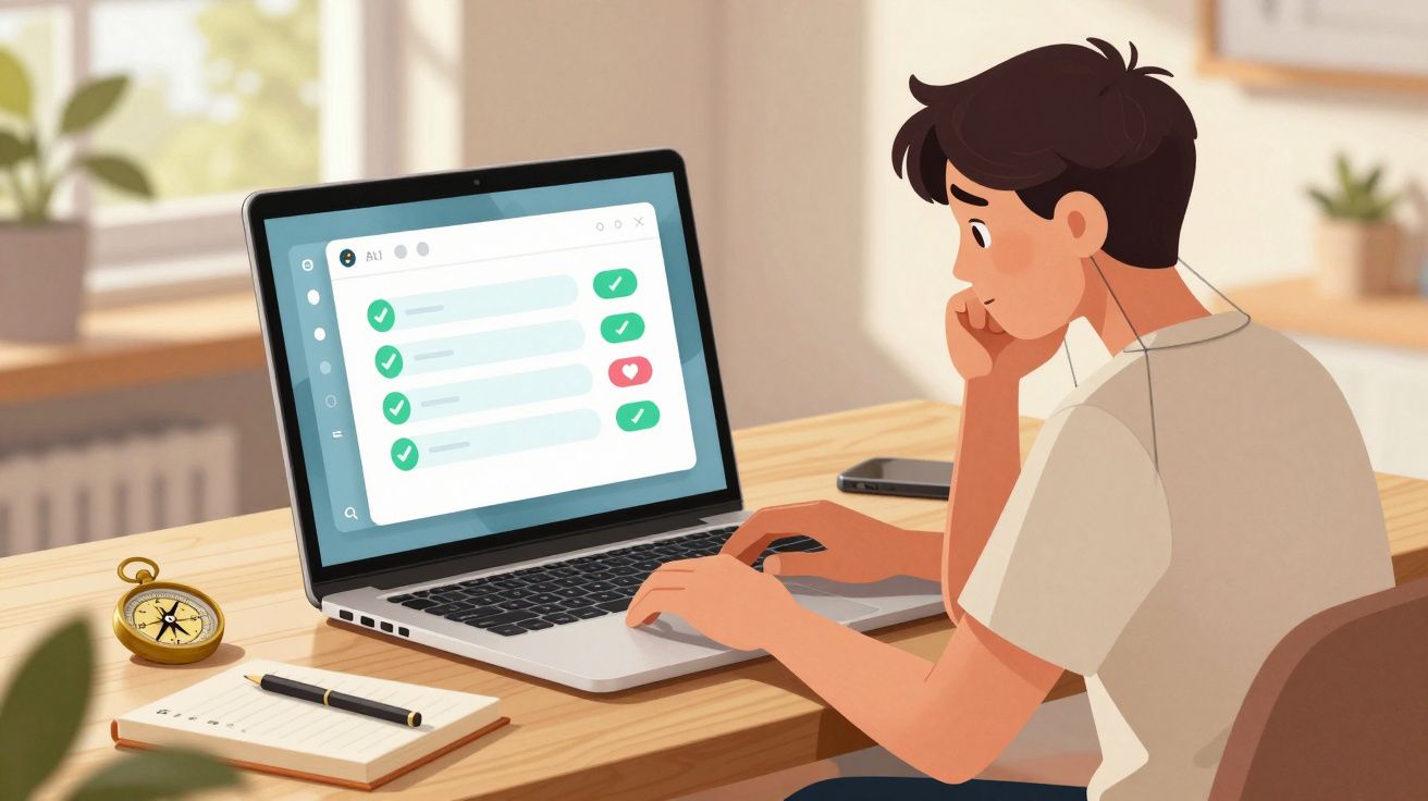 Jovem sentado em mesa usando laptop com lista de tarefas marcadas em um ambiente iluminado e organizado.