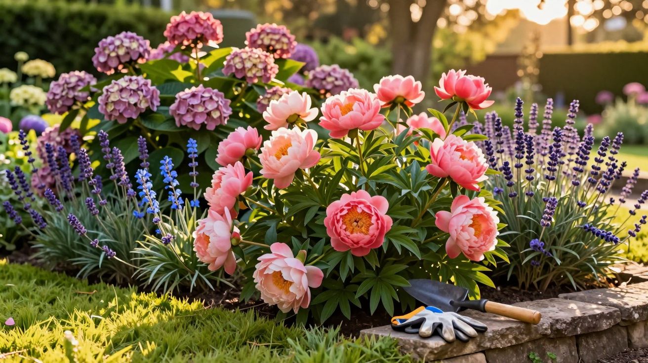 Jardim com flores coloridas, incluindo peônias cor-de-rosa, lavandas e hortênsias, ao entardecer.