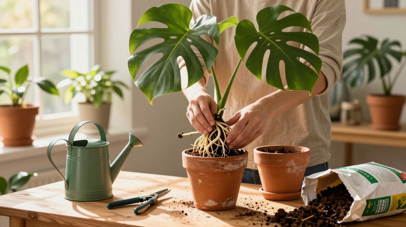 Pessoa transplantando planta costela-de-adão em vaso, com regador e terra sobre mesa de madeira clara.