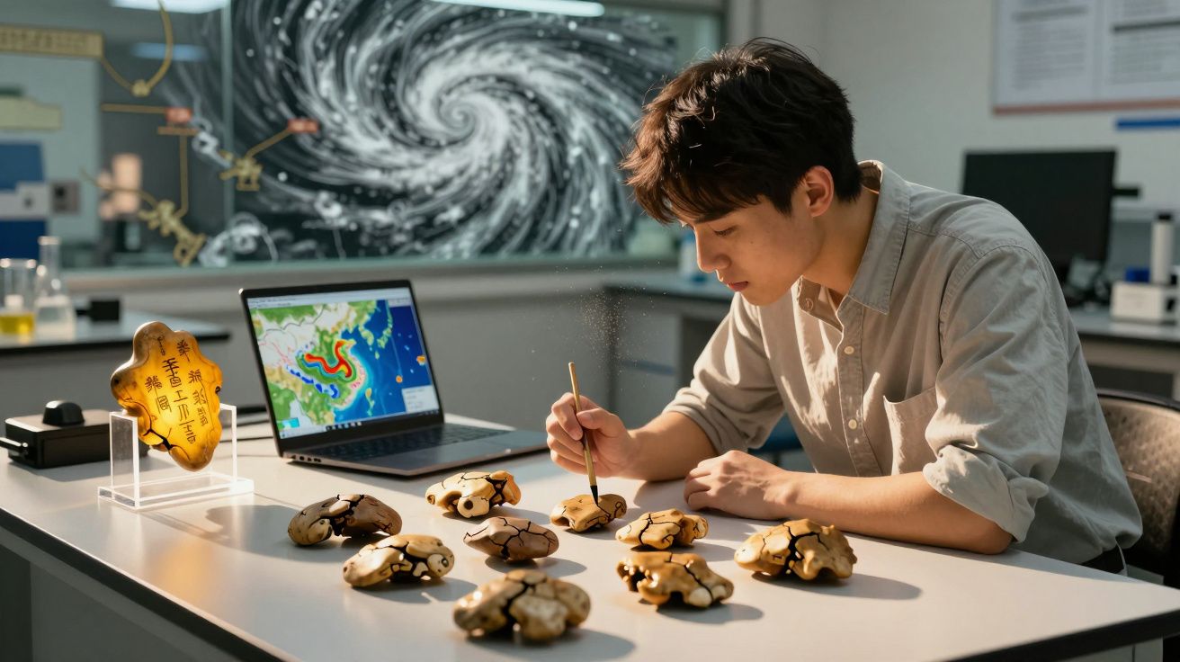 Homem pintando manualmente peças de tartaruga em mesa com laptop e mapa meteorológico ao fundo.