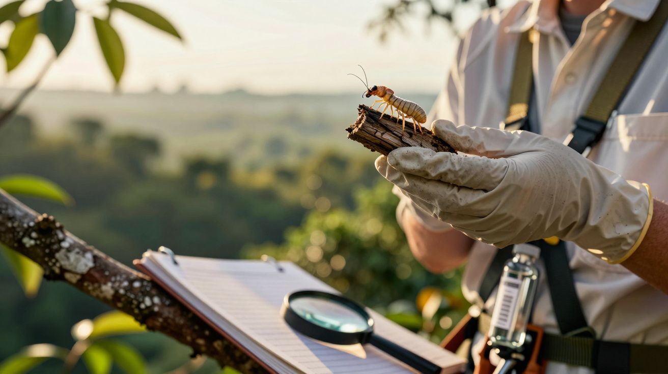Inseto sobre pedaço de madeira sendo examinado por pessoa com luvas em estudo de campo ambiental.