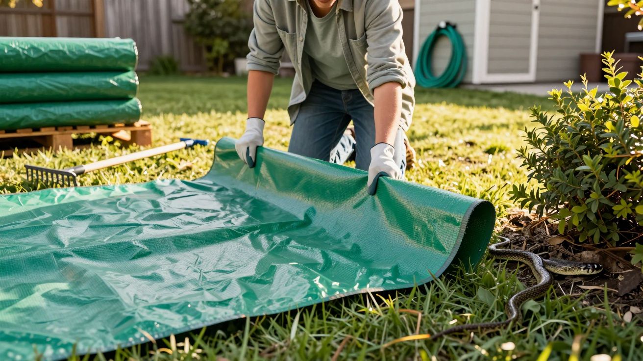 Pessoa com luvas recolhendo um tapete verde no jardim onde há uma cobra próxima a arbustos.