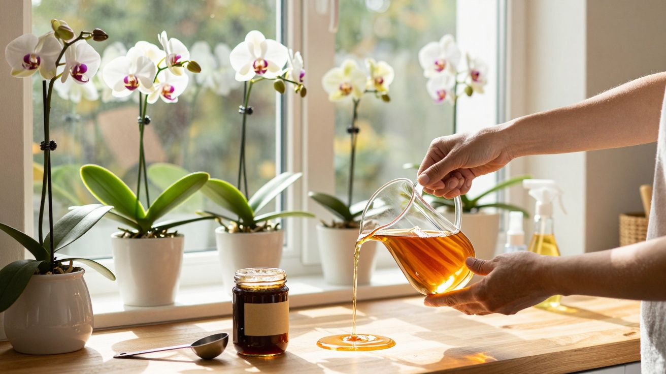 Pessoa derramando mel sobre a mesa ao lado de orquídeas brancas em vasos na janela.