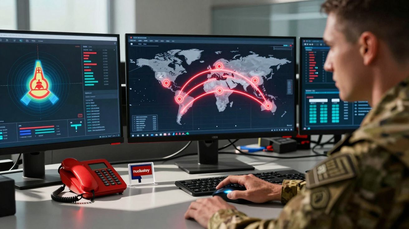 Militar operando computador com mapas e gráficos de conexões globais em tela dupla.