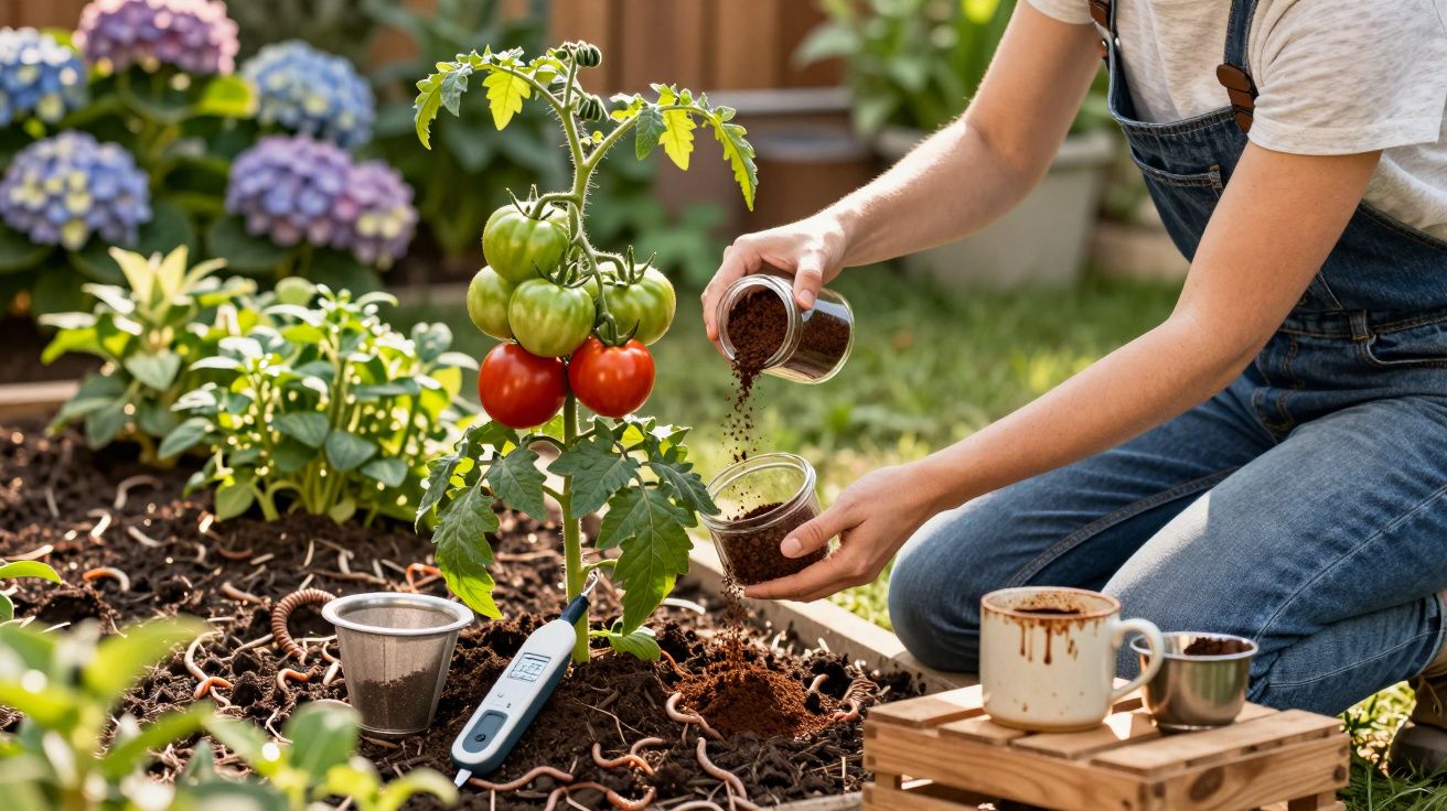 Pessoa aplicando borra de café no solo ao redor de planta de tomate com tomates verdes e maduros.
