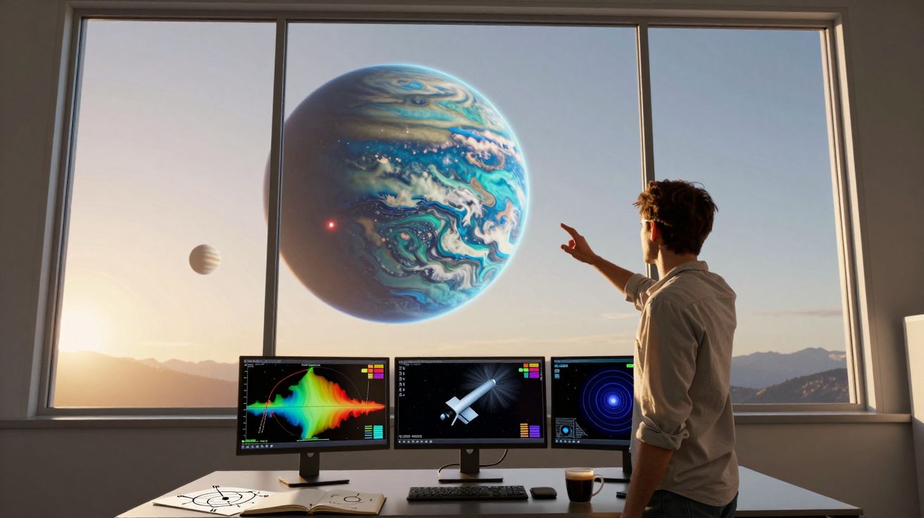 Homem observa e aponta para planeta gigante colorido visto pela janela de sala com mesa e três monitores.
