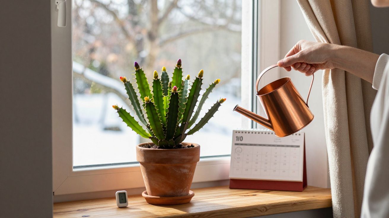 Pessoa regando planta em vaso de barro na janela com calendário e termômetro digital no peitoril.