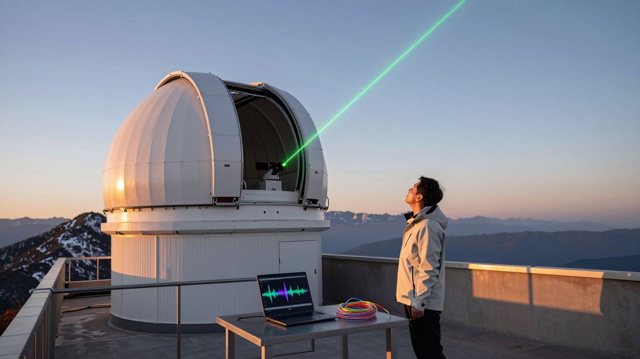 Observatório astronômico com telescópio emitindo raio laser e pessoa observando a luz no céu ao entardecer.